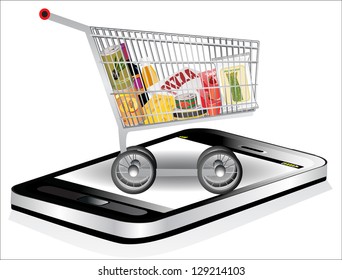 Smartphone with shopping cart full with groceries on white background.