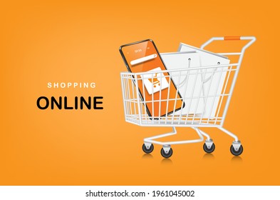 smartphone shopping cart icon and shopping bag in shopping cart for online sale concept,all object on orange background,vector 3d isolated illustration