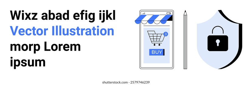 Smartphone with a shopping cart icon shopping bag buy button pen and security shield with a lock icon. Ideal for digital security e-commerce online payment mobile apps. Banner for landing page