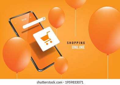 Smartphone and shopping cart icon floating in the air on an orange background with balloons full of space,shopping online concept design,mobile phone and balloons vector 3d