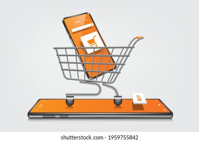 smartphone and shopping cart icon in shopping cart and shopping cart on smartphone for online sale concept