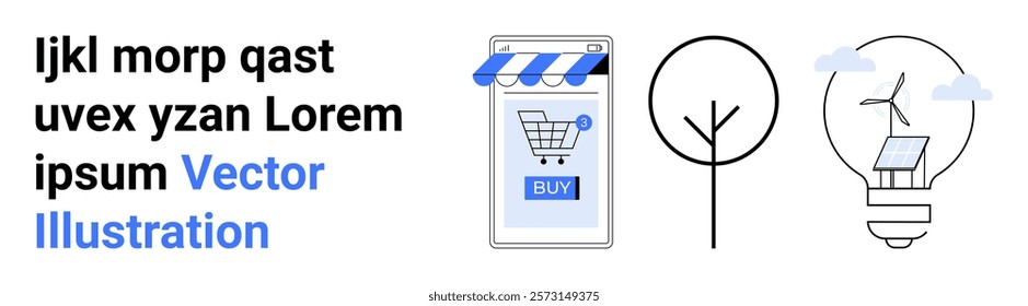 Smartphone with shopping cart icon, tree outline, light bulb with solar panel and clouds. Ideal for technology, sustainability, e-commerce, renewable energy, environmental awareness. Banner