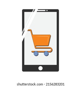 Smartphone con ilustración vectorial de icono del carro de la compra.