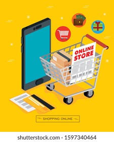 smartphone and shopping cart with icons of store online vector illustration design