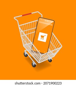 smartphone in shopping cart isolated on orange background for online shopping advertising design,vector 3d