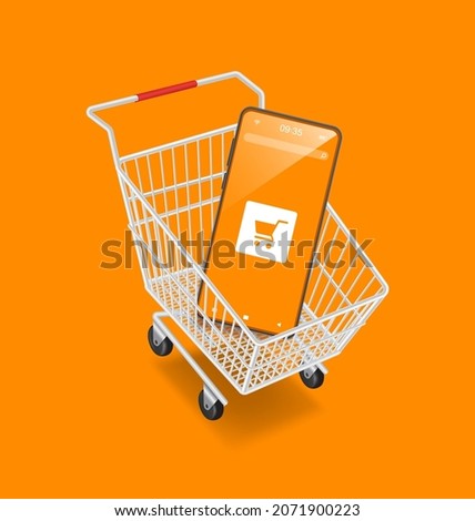 smartphone in shopping cart isolated on orange background for online shopping advertising design,vector 3d