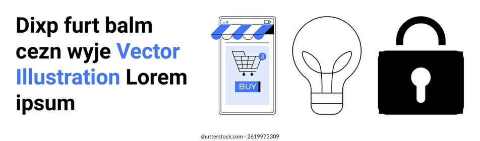 Smartphone with a shopping cart, lightbulb, and padlock icons. Ideal for e-commerce, online security, innovation, digital marketing, tech startups, creative ideas, mobile applications. Landing page