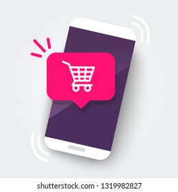 Smartphone With Shopping Cart Notification, New Purchase, Online Store Order With Phone. Flat Design UI / UX Web Element