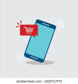 Smartphone With Shopping Cart Notification, New Purchase, Online Store Order With Phone. Flat Design For Print, Websites, Web Banner.