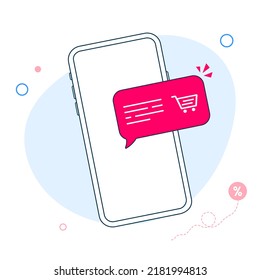 Smartphone With Shopping Cart Notification, New Purchase, Make An Order In An Online Store, Shopping Online With Phone. Flat Outline UI, UX Element For Web And Design