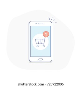 Smartphone with shopping cart notification, new purchase, make an order in an online store, shopping online with phone. Flat outline UI / UX element for web and design.