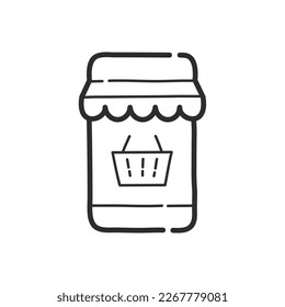 Smartphone with shopping cart on the screen. Hand drawing design style. Vector.