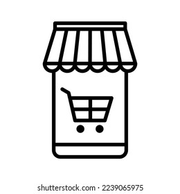 Smartphone with shopping cart. Online store marketplace or e-commerce shop. Pictogram isolated on a white background.