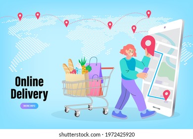 Smartphone with a shopping cart and paper bags. Online order tracking with map. Delivery home and office. City logistics. Mobile Store. Vector illustration
