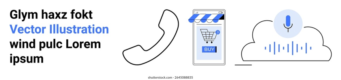 Smartphone with shopping cart, phone receiver, microphone in cloud with sound waves. Ideal for ecommerce, support systems, tech guides, online shopping, customer service, cloud services. Landing page