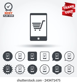 Smartphone with shopping cart sign icon. Online buying symbol. Circle, star, speech bubble and square buttons. Award medal with check mark. Thank you ribbon. Vector