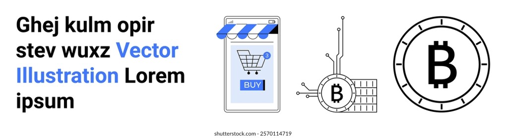 Smartphone with a shopping cart symbol and buy button complemented by Bitcoin symbols signifies digital payments and online transactions. Ideal for finance, technology, e-commerce, blockchain