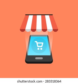 Smartphone shopping concept. Isometric design. Vector illustration