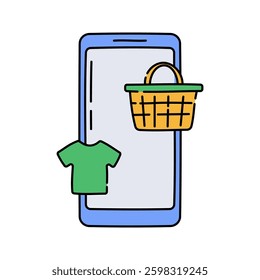 Smartphone Shopping Flat design style, smartphone with a basket, symbolizing online shopping, perfect for e-commerce platforms, digital marketing, and UI elements.