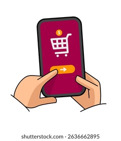 Smartphone shopping in hands. Phone screen shopping cart icon buy button. User interface online shopping app e-commerce site, mobile payment system. Isolated. Vector illustration.