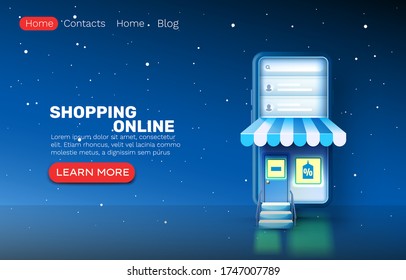 Smartphone shopping online application, web market banner, sale store. Vector illustration