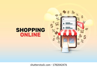 Smartphone shopping online application, web market banner, sale store. Vector illustration