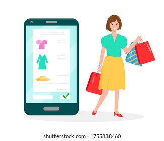 Smartphone with shopping order on the screen and happy woman with shopping bags. Online shopping and summer sales concept. Vector illustration on white background.