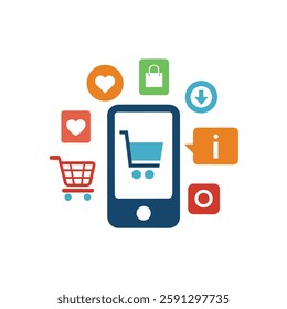 a smartphone with shopping-related icons surrounding it, including a shopping cart, heart, download button, and information bubble, symbolizing various online shopping features and functions