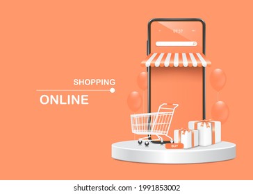 smartphone shop,shopping cart,gift box,balloons and buy icon on pastel pink for shopping online concept design,vector 3d isolated for advertising design