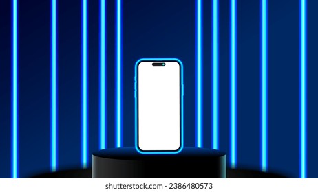 Smartphone Showcase With Blue Glow. Display podium and stage with blue glowing neon backdrop. Award ceremony concept with glowing smartphone screen frame. Phone in a bright blue color. Vector.