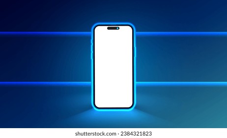 Smartphone Showcase With Blue Glow. Glowing smartphone screen frame. Phone in a bright blue color, with a glow of light in the background. Vector illustration