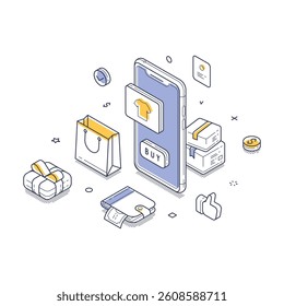 Smartphone showcasing an online shopping interface. Surrounding it are shopping bags, packages, and currency, highlighting the convenience of digital purchases. Modern isometric vector illustration