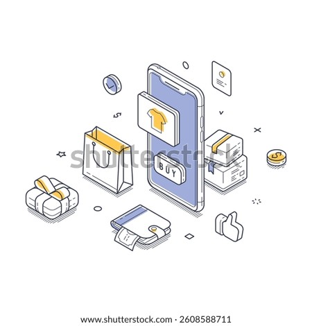 Smartphone showcasing an online shopping interface. Surrounding it are shopping bags, packages, and currency, highlighting the convenience of digital purchases. Modern isometric vector illustration