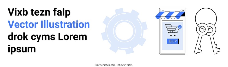 Smartphone showcasing online store with shopping cart icon, light blue gear, and set of keys. Ideal for ecommerce, mobile apps, online security, digital marketing, technology blogs, product landing