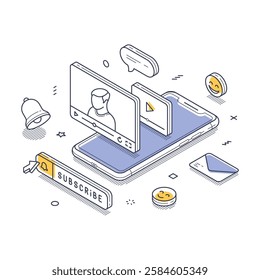 Smartphone showcasing video content, complete with subscription buttons. Elements like smiley faces and chat bubbles enhance the digital environment. Modern isometric line art