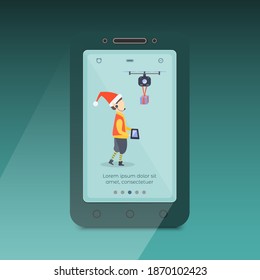Smartphone Showing App Screen with Little Elf Controlling Gift Delivery by Drone. Combination of Magic and Technologies to Make Christmas Safe and Merry at the Pandemic.