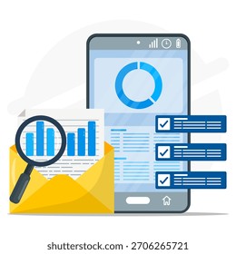 Smartphone zeigt Daten neben Diagrammen in einem Umschlag mit Lupe. Ideal für Finanzanalysen und Datenvisualisierungsprojekte.