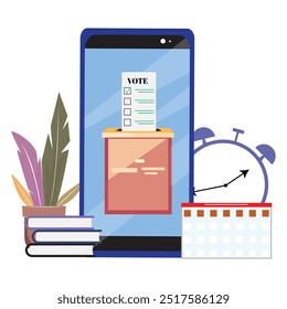 Smartphone showing a digital voting interface with a ballot paper and vote box, surrounded by everyday objects like a clock, calendar, books, and a plant