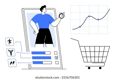 Smartphone showing a fitness app with activity tracking elements. A shopping cart and growth chart are displayed. Ideal for fitness, health monitoring, e-commerce, data analysis, technology