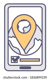 Smartphone showing globe map with location pointer and check mark on screen. Isolated phone with geotag, traveling or connecting in internet. Searching and navigating online, Vector in flat style