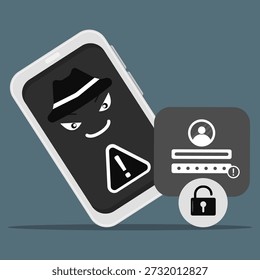 Smartphone que muestra la advertencia del hacker con el icono de la alerta, el error del Inicio de sesión, y el candado desbloqueado. Ataque cibernético, violación de Cuenta, ataque de phishing y alerta de estafa.