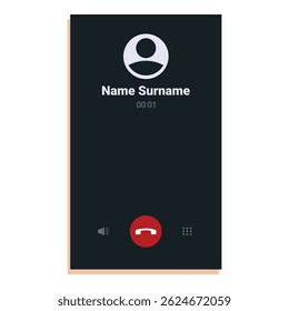 Smartphone is showing an incoming call screen with a timer, contact info and action buttons