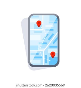 Smartphone mostrando mapa com rota e dois ponteiros vermelhos