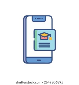 Smartphone showing an online education app with graduation cap icon. Flat style vector illustration with smooth colors and professional design.