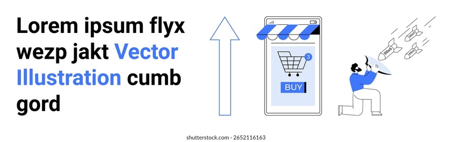 Smartphone mostrando uma loja online, seta azul para cima, pessoa andando com sacolas de compras. Ideal para comércio eletrônico, aplicativos móveis, sites de varejo, materiais de marketing, apresentações comerciais, usuário