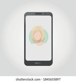 Smartphone showing profile picture of attractive blonde woman. Mobile dating app / site. Vector illustration EPS 10.