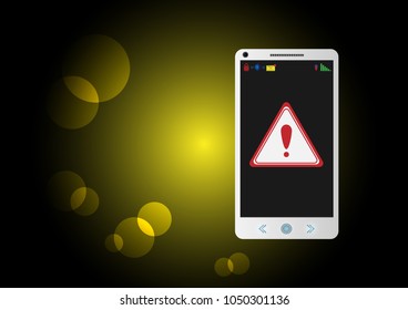 smartphone showing screen warning exclamation sign vector illustrations dark yellow background with copy space and bokeh. internet error failure concept
