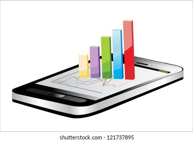 Smartphone showing a spreadsheet with some 3d charts over it