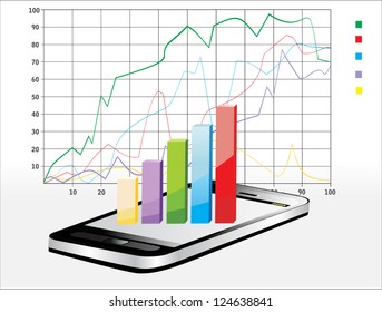 Smartphone showing a spreadsheet with some 3d charts over it