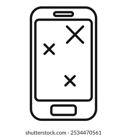 Smartphone showing three cross marks on the screen, in black and white